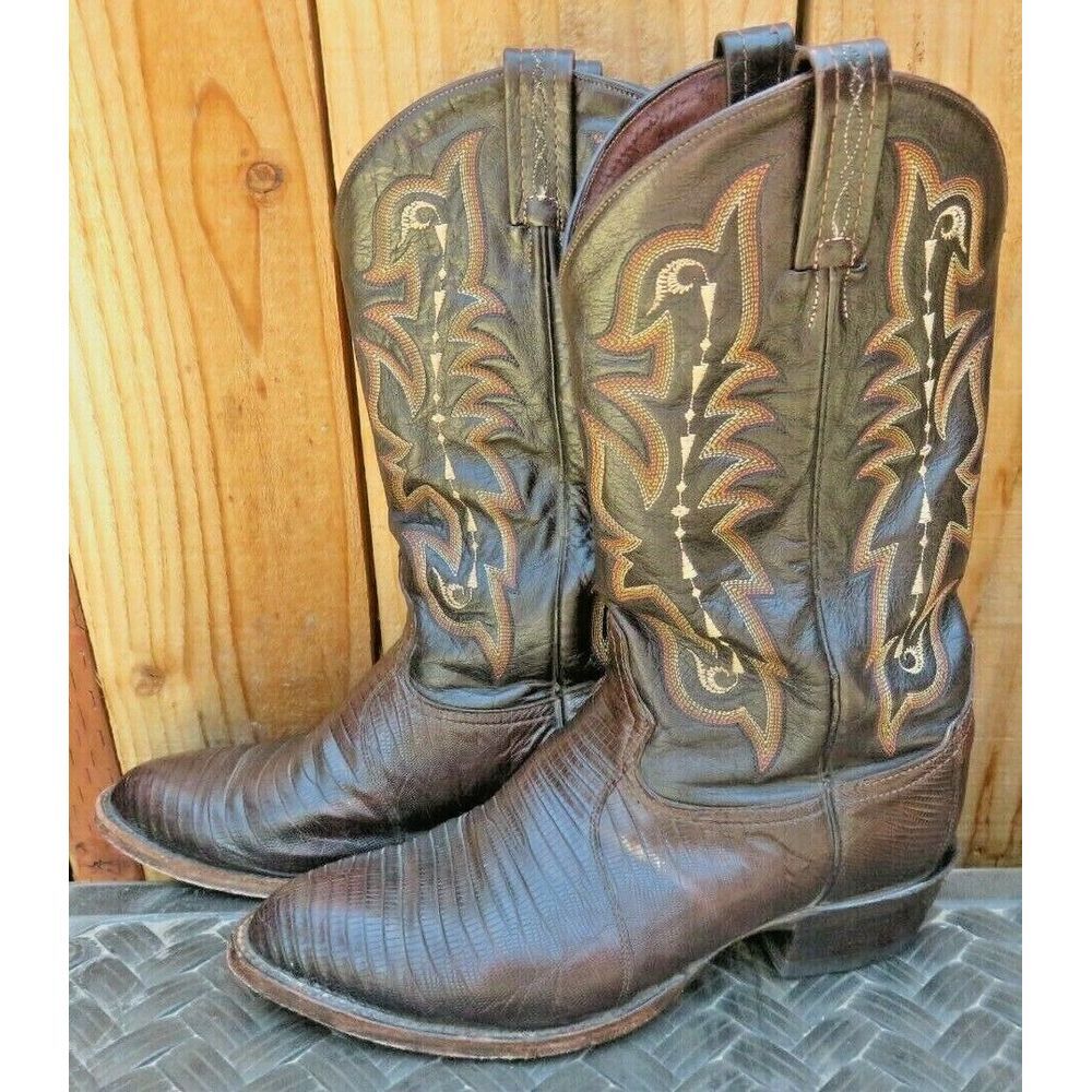 Mens Tony Lama Vintage Cowboy Western Boots‎ Brown Two-Tone Lizard 10 D USA Made
